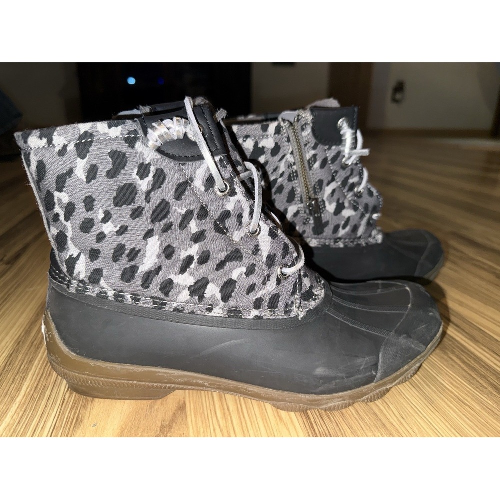 Sperry Syren Gulf Cheetah Duck Boots Women's 8.5 Black Gray Silver